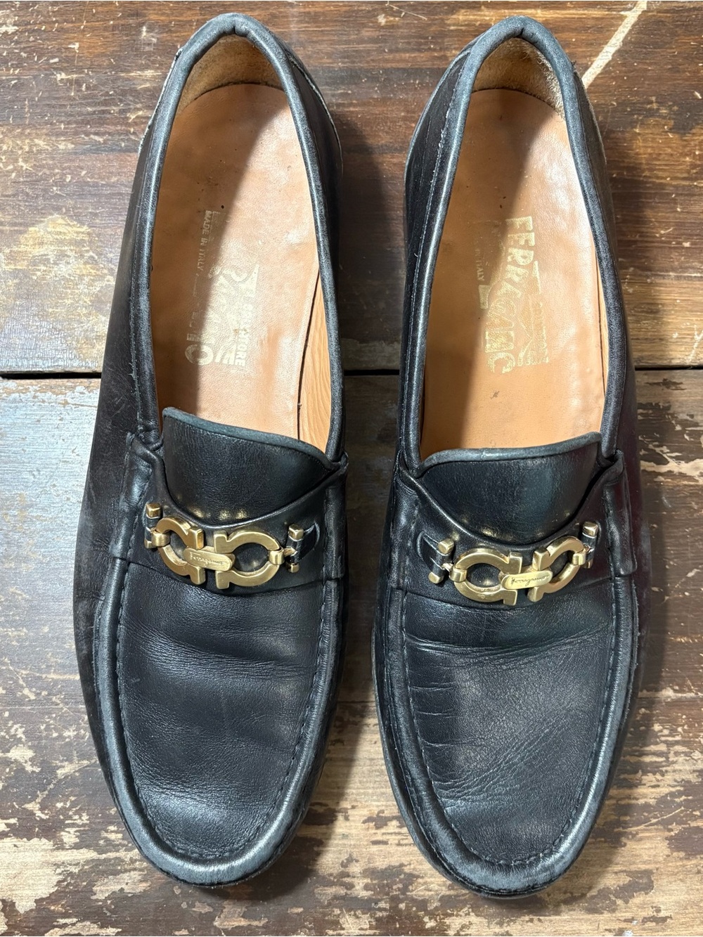 Salvatore Ferragamo Men's Black Leather Magnifico Double Gancini Loafers Size 10